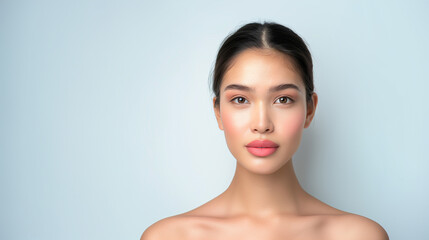 A young Thai woman with smooth, fair skin and sleek, tied-back hair gazes confidently at the camera. Her soft makeup and minimalist style exude elegance and poise.