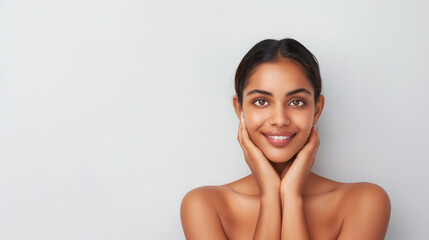 Obraz premium A young Indian woman with smooth, dark skin and tied-back hair smiles gently, her hands framing her face. Her natural beauty is accentuated by a simple, bright background.
