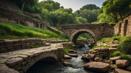 River Design. Ancient river path with winding river through ancient ruins, old stone bridges, and lush greenery. Timeless Style