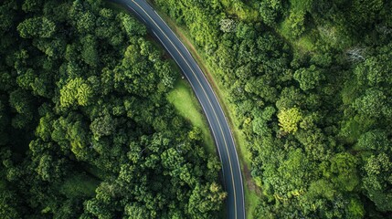 Aerial View of Winding Road Through Lush Green Forest