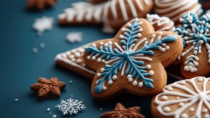 High-contrast collection of gingerbread cookies with vibrant icing, against a dark, moody backdrop.