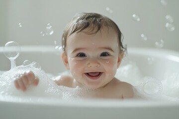 Smiling baby in a white tub has fun with a bubble during cheerful bath time.