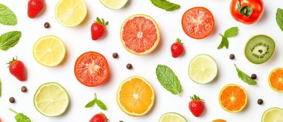 Naklejka premium A colorful pattern of various fruits and vegetables