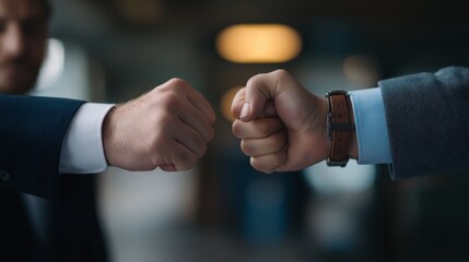 Two individuals exchanging fist bumps in a modern office setting during the day.