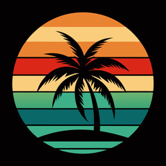 Retro sunset with coconut tree silhouette in the desert scene vector illustration, graphics elements for trendy vintage t-shirt