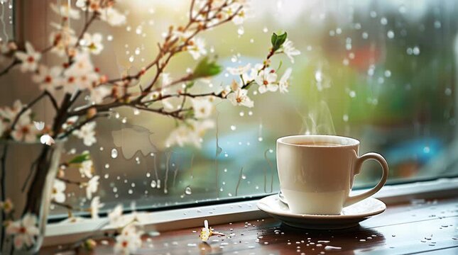 A cup of coffee by a window overlooking a vibrant spring garden, with blooming flowers and fresh greenery, creating a serene and ref Seamless looping 4k time-lapse virtual video animation Generated AI