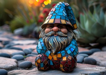 A colorful mosaic garden gnome stands amidst vibrant flowers.