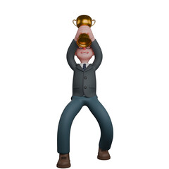 Male Teacher 3D Cartoon. A man in formal attire raises a trophy high above his head with an expression of pride and joy. Professional Educational