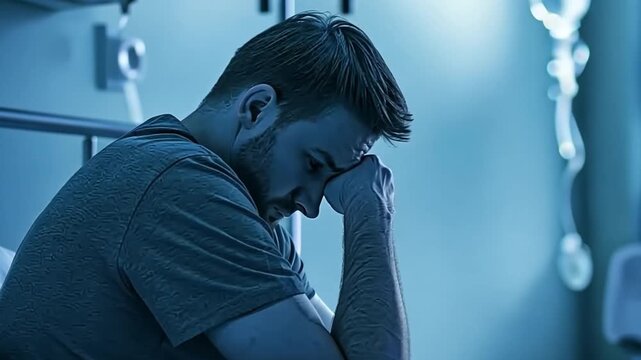 Despairing and dejected, a desperate guy sits alone on a hospital bed.