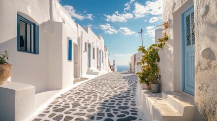 Whitewashed Greek Street with Blue Doors and Cobblestone Pathway