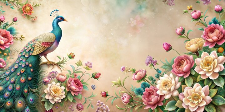 Peacock on Flowers Abstract Floral Background Paper Quiling Quilling Art Bird Animal , with copy space, with empty space, no text, no word, no character, --no logo --no letters --no text, no watermark
