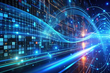 A futuristic computer screen displays a complex array of glowing blue code and swirling data streams, illuminating a darkened, high-tech background with vibrant colors.