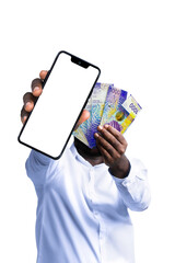 Black person holding Swiss Francs notes and pointing phone with blank screen to the camera. Hand holding switzerland currency notes isolated on transparent background
