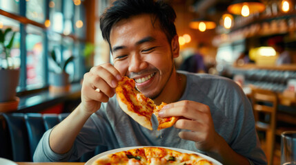 A cute Asian man holds a slice of pizza in his hand in a restaurant and laughs. He smiles and enjoys his meal. A delicious snack in the cafe. Italian cuisine