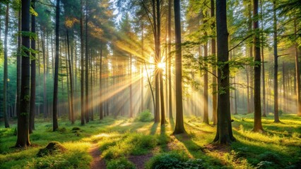 Obraz premium Morning light streaming through the trees in a peaceful forest setting, forest, morning, sunlight, trees, nature, peaceful