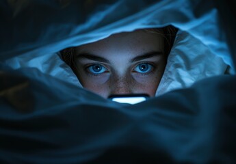 A young teenager concentrates on phone, illuminated by its blue screen while lying in bed at night.