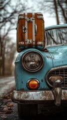 Fototapeta premium Vintage road trip nostalgia: A worn suitcase atop a classic blue car, journeying through a leaf-covered road in a foggy forest, capturing the essence of timeless travel.