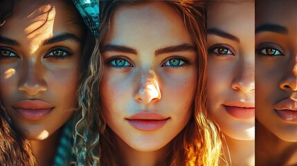 Obraz premium Diverse Faces of Women with Different Skin Tones and Eye Colors in Natural Light