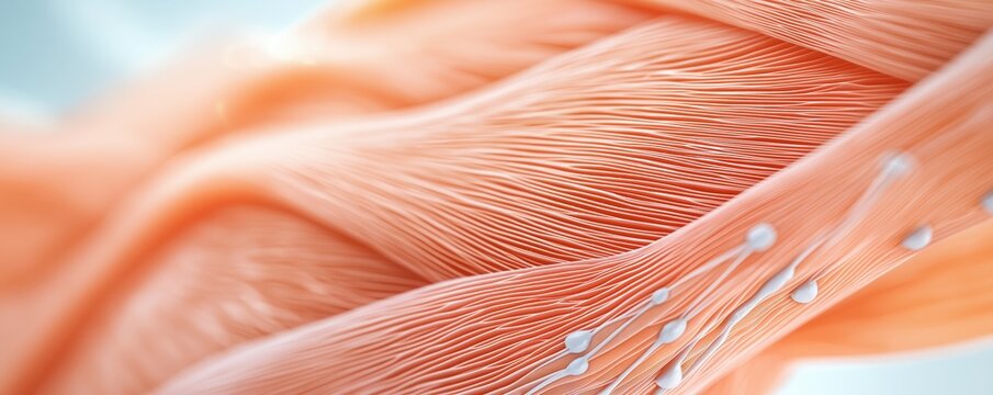Microscopic cross-section of muscle tissue, showing detailed striations and cell structure, important for anatomy studies.