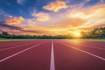 Fototapeta premium Empty nobody running track with sunset sky, sport background with generative ai