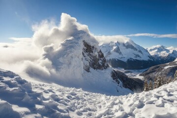 Fototapeta premium Snow-covered Landscape with Avalanche in the Distance