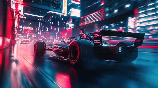 Race Car Speeding Through Neon City