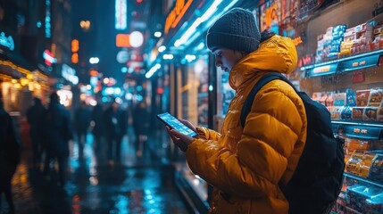 Naklejka premium Young Woman Using Smartphone in a City at Night.