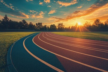 Naklejka premium Empty nobody running track with sunset sky, sport background with generative ai