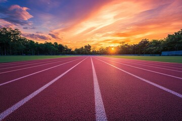 Naklejka premium Empty nobody running track with sunset sky, sport background with generative ai