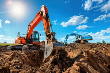 Excavators working on a construction site on a sunny day.