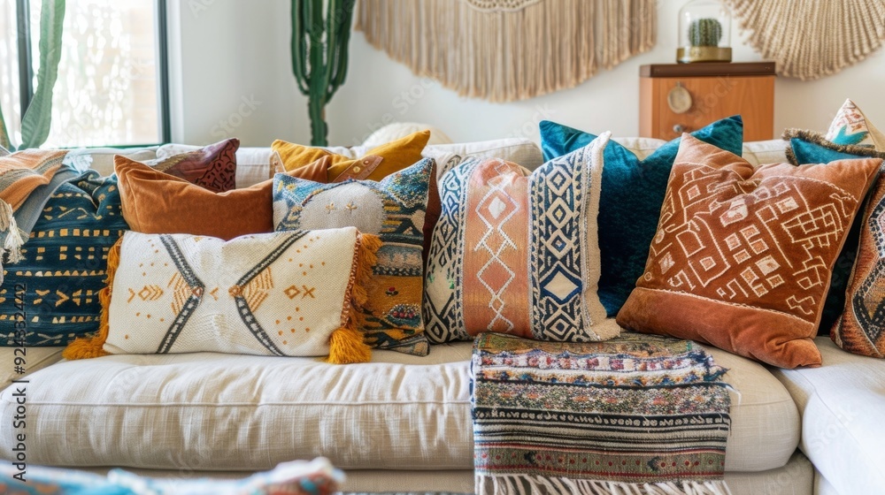 Poster a bohemianinspired living room with a variety of velvet pillows in different textures and patterns a