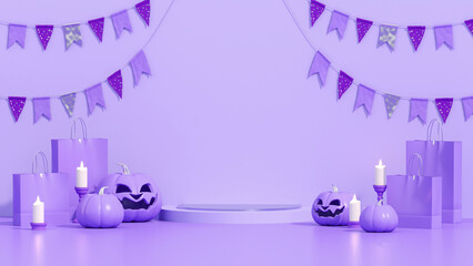 Purple pumpkin on a pastel purple background. Jack O lantern white pumpkin on Happy Halloween holiday concept. 3d render.	
