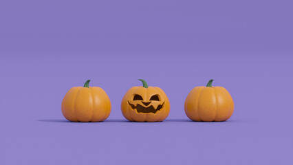 Halloween pumpkins on purple background. 3d render