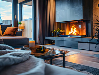 Fototapeta premium Cozy Living Room Interior with Fireplace and Candles - Photo