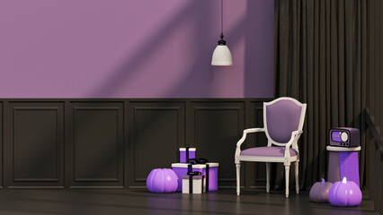 Halloween welcome signboard mockup with pumpkins, chair, sofa and podium. Interior design with autumn holiday decoration with copy space. 