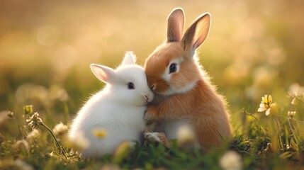 Two bunnies cuddle in a field of flowers.