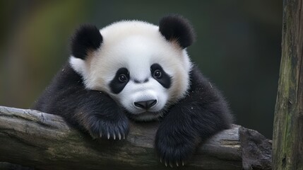 Fototapeta premium Adorable Panda Cub Resting on a Tree Branch.