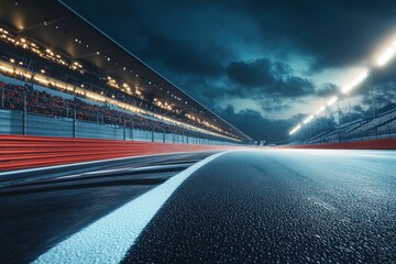 Fast ride on racing track and empty grandstands around asphalt road at night. Professional digital 3d illustration of racing sports with generative ai