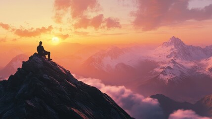 Naklejka premium Man Sitting on Mountain Peak at Sunset.