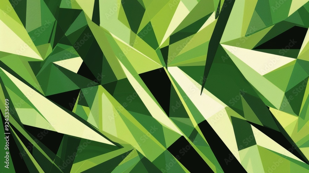 Poster a bold graphic design featuring bold angular shapes in various shades of green that mimic the sharp 
