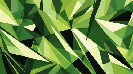 A bold graphic design featuring bold angular shapes in various shades of green that mimic the sharp edges of freshly grass