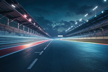 Fast ride on racing track and empty grandstands around asphalt road at night. Professional digital 3d illustration of racing sports with generative ai