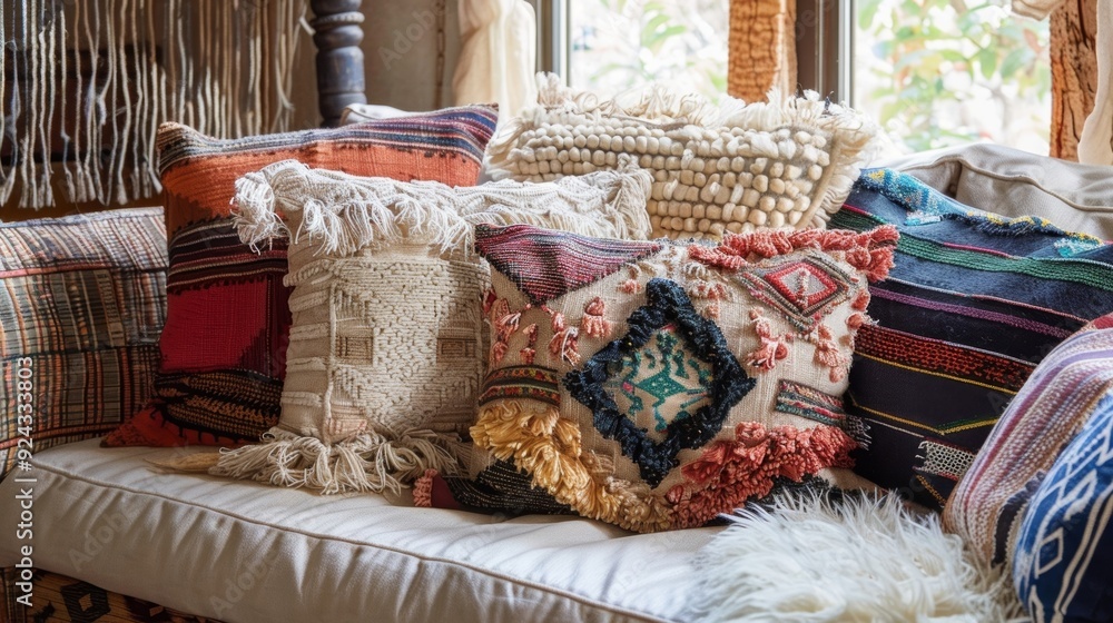 Poster an eclectic mix of cushions on a vintageinspired couch with a variety of textures such as sheepskin 