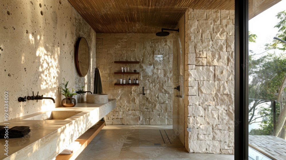 Poster the showers floortoceiling stone cladding envelops the space in a warm and inviting hug evoking a se