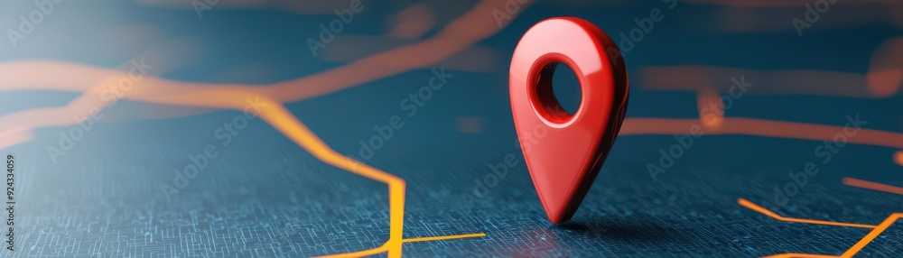 Poster red location pin on a digital map, symbolizing navigation and location discovery in modern travel.