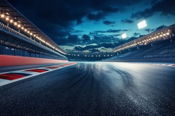 Fast ride on racing track and empty grandstands around asphalt road at night. Professional digital 3d illustration of racing sports with generative ai