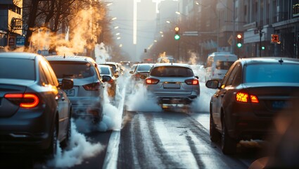 In the tranquil morning light, cars line the busy street, emitting steam and showcasing the rush of urban life amidst a subtle golden glow of dawn in the city.