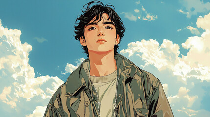レトロな昭和アニメ風の若い男性イラスト