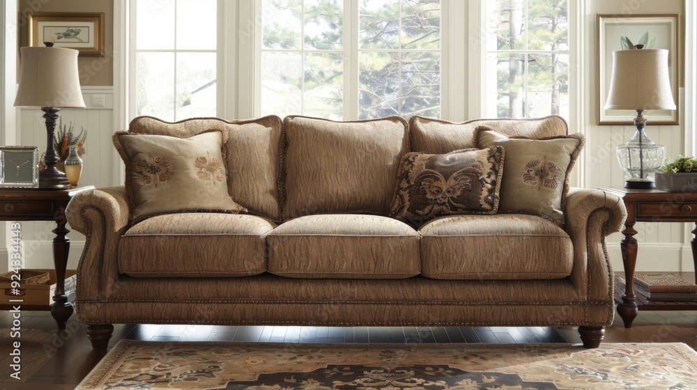Aufkleber this charming sofa showcases a gentle heathered fabric in a warm earthy tone adding a touch of rusti