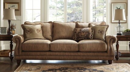 This charming sofa showcases a gentle heathered fabric in a warm earthy tone adding a touch of rustic comfort to any room.